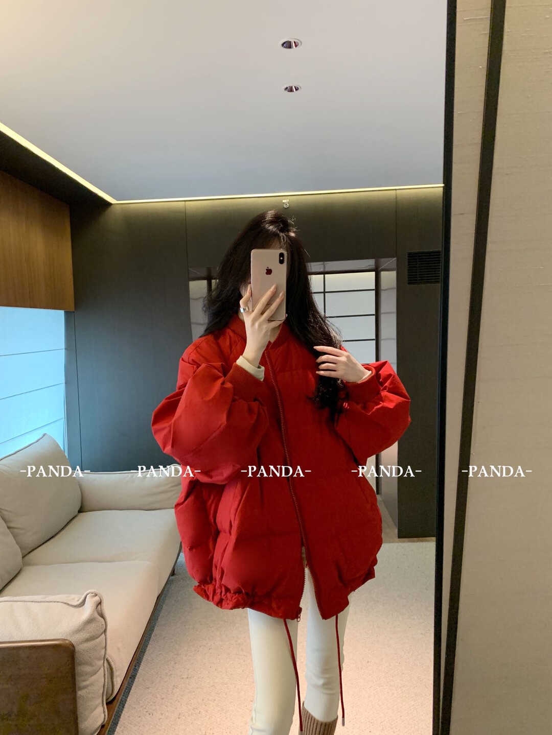 新国标95%白鸭绒#PANDA#俏皮元气风红色羽绒服，灯笼袖+抽绳下摆