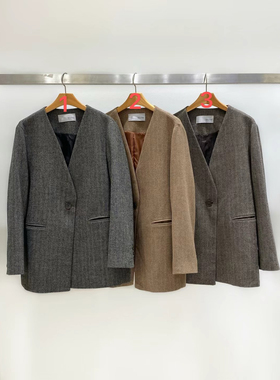 韩国东大门代购Neutra2024秋冬新品简约百搭人字纹V领西装外套