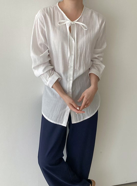 韩国东大门正品2025春装新款Neutra圆领系带长袖衬衫