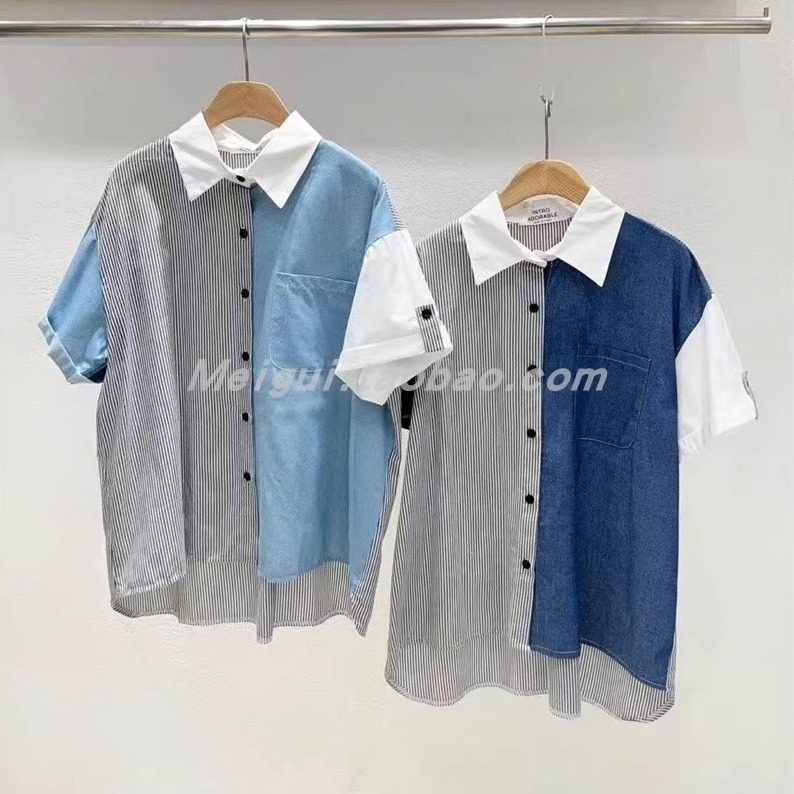 韩国东大门2025秋季新品INTRO设计感个性竖条纹拼接宽松时尚衬衫