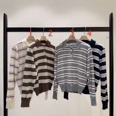 韩国东大门2026春季新款NDE休闲条纹翻领针织衫长袖POLO针织上衣