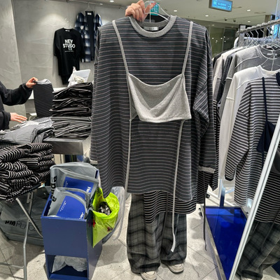 韩国东大门2026春新品hertz-p时尚百搭条纹长袖假二件T恤女