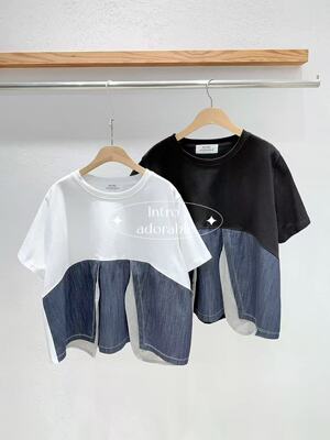 韩国东大门2026夏季新款INTRO时尚圆领设计感撞色拼接短袖T恤