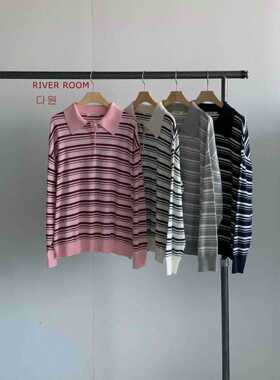 韩国东大门2026春新品RIVEROOM时尚百搭条纹翻领长袖拼色针织衫女