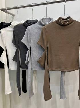 韩国东大门2026春新品BILLION-L修身设计半领破洞上衣T恤