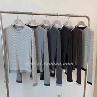 韩国东大门2025秋季新品cobalt blue简约休闲百搭细条纹显瘦T恤