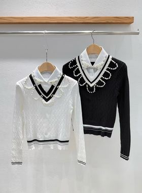 韩国东大门2026春新品INTRO时尚百搭珍珠翻领长袖针织衫女