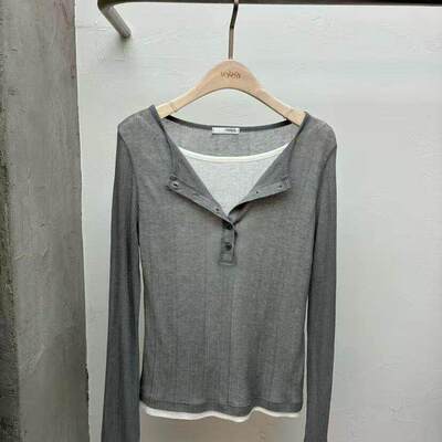 韩国东大门2026春季新品BEFORE SUNRISE女装双层拼接色假两件T恤