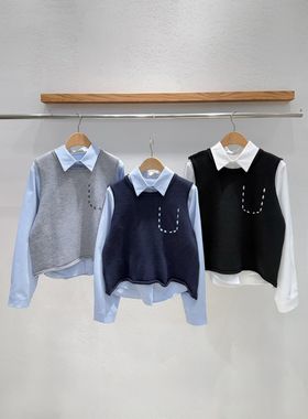 韩国东大门2026春新品INTRO时尚百搭纯色圆领无袖针织马甲衬衫女