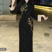 自制高级刺绣新中式 显瘦国风旗袍连衣裙 黑色金梅报喜