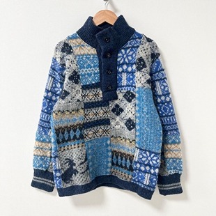 国内现货 45r 蓝色 花色接拼 羊毛衫 毛衣 外套 日本制