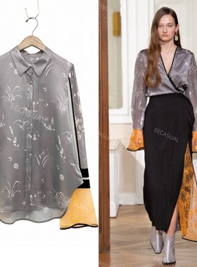 新品 Mame Kurogouchi 秀款 灰色真丝缎面喇叭袖衬衫19AW