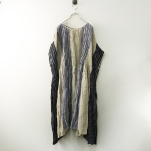 新品 maison de soil 亚麻 多色接拼 褶皱连衣裙 长裙 25SS