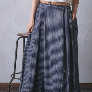 suzuki takayuki 深蓝色条纹亚麻裙裤阔腿裤 23SS 日本制