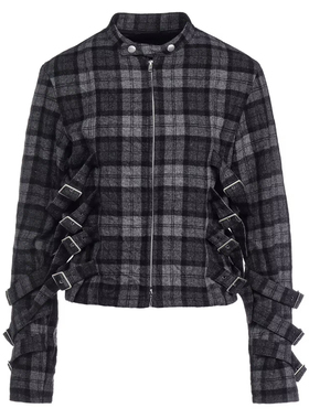 5折 山本耀司 Limi feu 黑色格纹 羊毛 皮带装饰 毛呢 夹克 外套