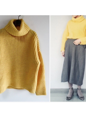 45R 黄色 100羊毛 罗纹针织 高领衫  高领针织衫 毛衣 宽松版
