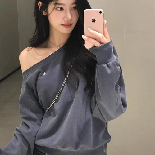 韩版套头露肩卫衣女上衣