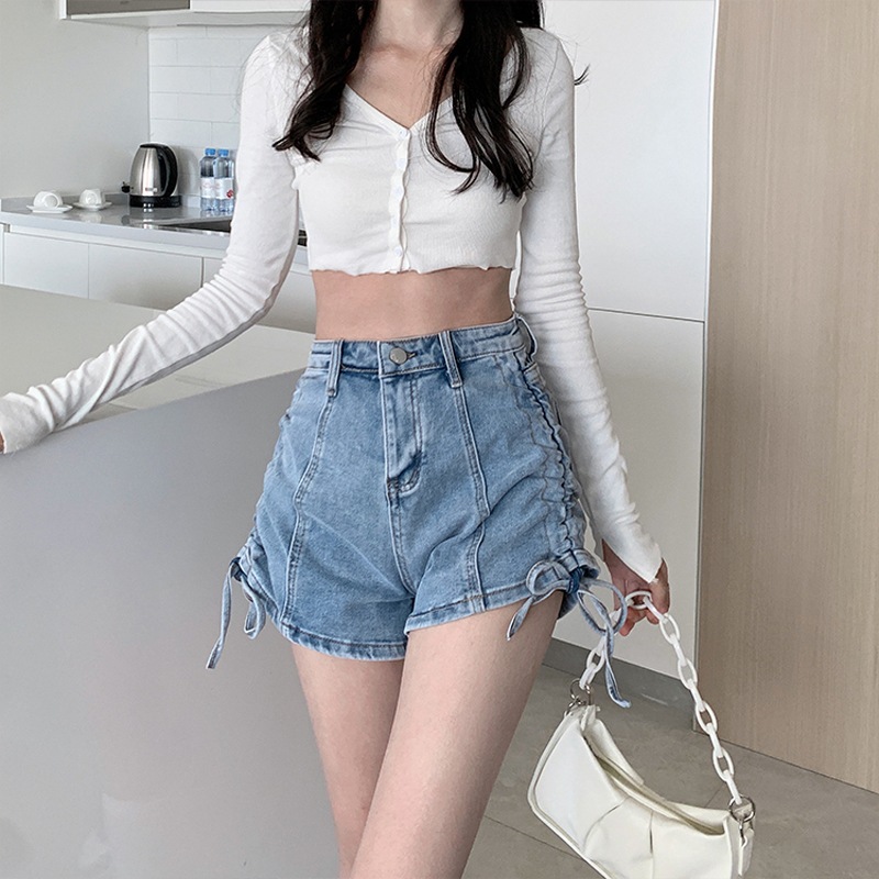 浅色牛仔短裤女款夏季薄款弹力高腰小个子阔腿绑带性感辣妹热裤子
