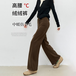中暖仿羊绒休闲裤女款2025秋冬新加绒加厚软糯高腰直筒阔腿长裤子