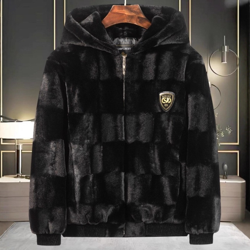 2025秋冬短款仿水貂金貂绒貂毛连帽海宁皮草男款貂皮皮衣夹克外套