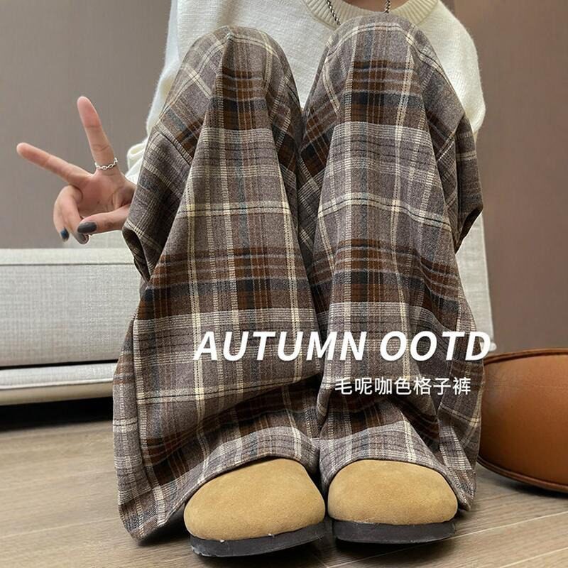 复古休闲小个子阔腿裤女款春秋2026新款格子高腰垂感宽松慵懒裤子