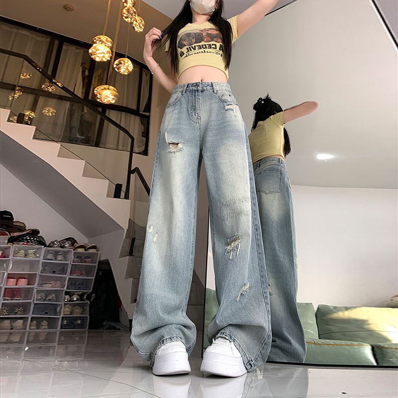 破洞薄款高腰阔腿裤九分牛仔裤女宽松2025夏季新款显瘦设计拖地裤