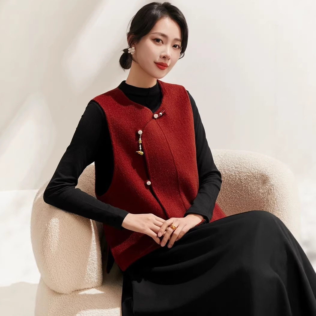 红色中式国风双面呢马甲夹短款2026秋季新羊毛呢外套羊绒背心女款