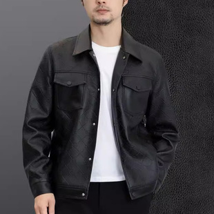 2025春秋季新款海宁短款夹克休闲虎头花纹潮流皮衣男款翻领外套