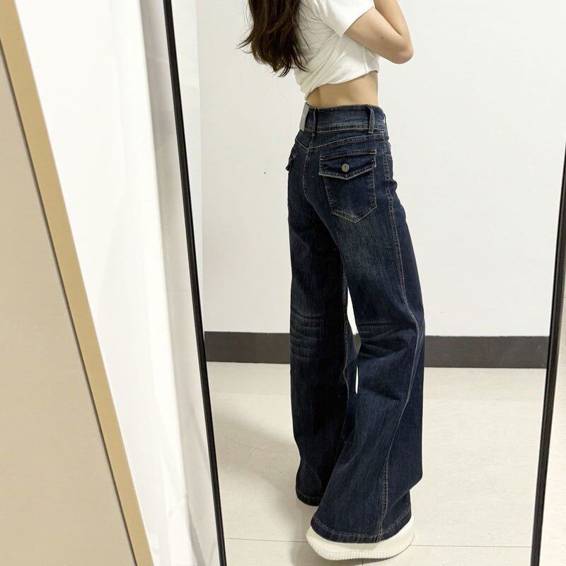 巨好看的休闲大码喇叭牛仔裤女款2026春装新款深蓝色显瘦拖地裤子