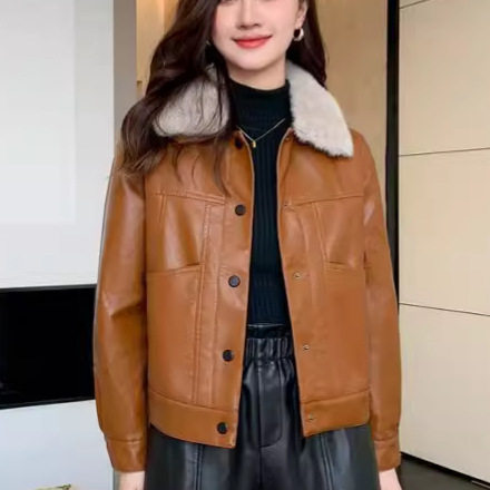 毛领加绒加厚皮衣外套女短款2026冬装新款洋气时尚PU皮夹克女式