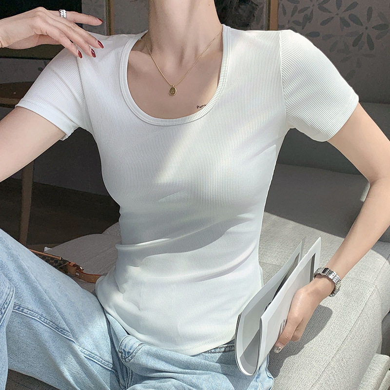 白色大圆领正肩短袖T恤女款2026夏季新款打底衫可外穿白t辣妹上衣