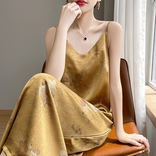 微胖重要场合连衣裙女2025夏季 过膝吊带裙 新款 印花收腰长裙中长款