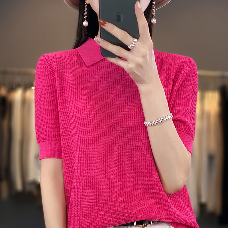 冰丝T恤女2025夏季新款女士套头T恤POLO领短袖上衣气质百搭针织衫