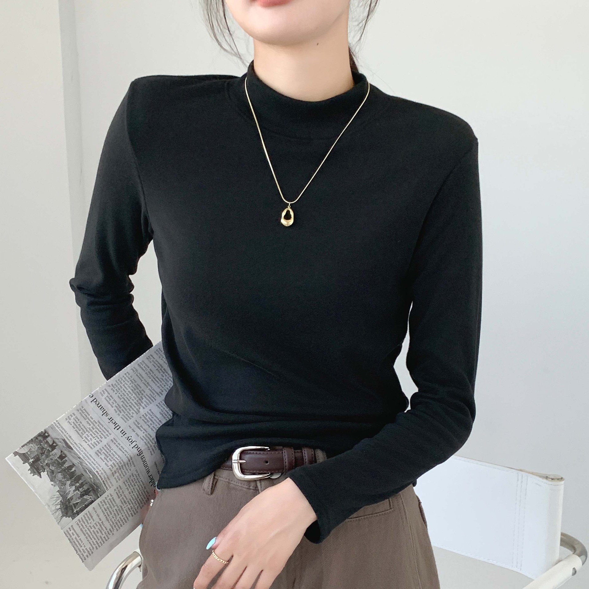 超好看韩系半高领打底衫女款秋冬一体绒加绒加厚修身百搭保暖上衣