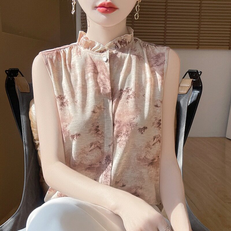 丝光t恤女款2026夏季新款木耳边圆领暗扣无袖衬衫晕染短袖打底衫