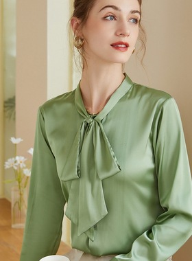 翠绿色衬衫女款2025秋季新款法式蝴蝶结简约百搭上衣纯色气质衬衣