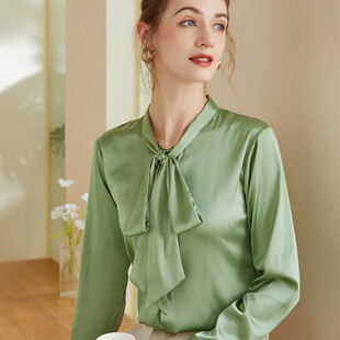 翠绿色衬衫女款2026春季新款法式蝴蝶结简约百搭上衣纯色气质衬衣