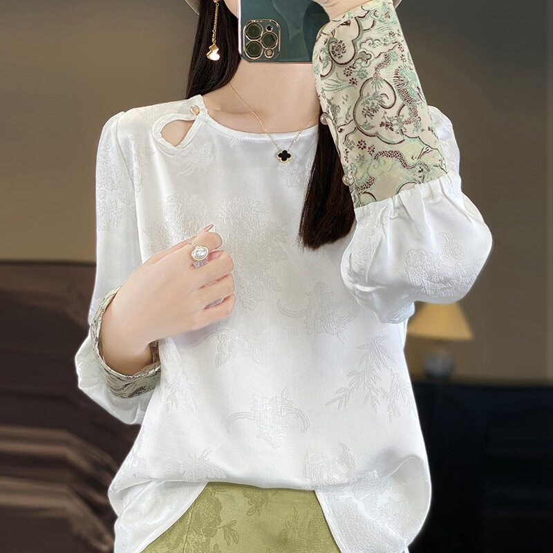 白色超火高级感新中式衬衣女款2026春季新款圆领暗花大码气质衬衫