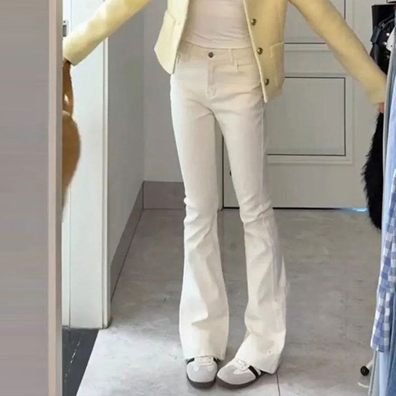 白色微喇裤直筒牛仔女款夏季大码高腰修身胖mm弹力马蹄喇叭长裤子