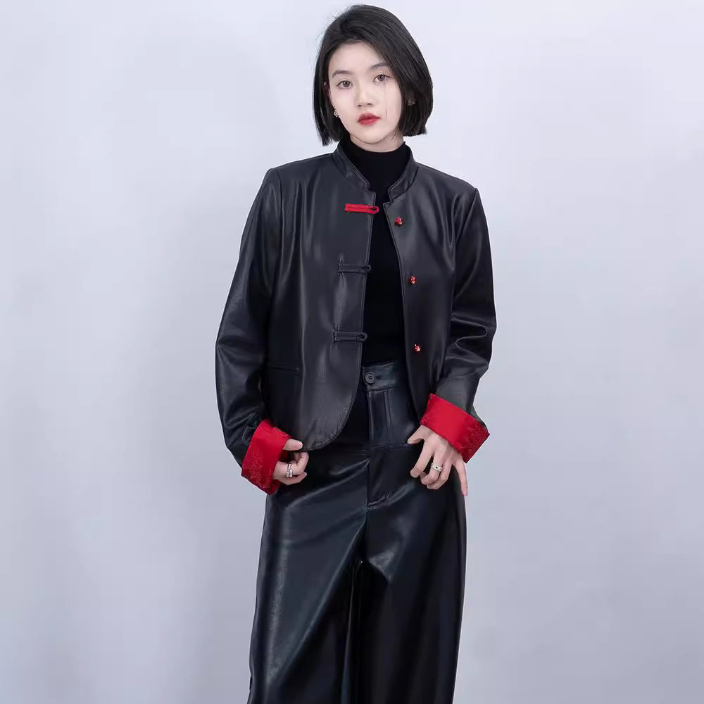 漂亮设计感小众圆领真皮外套2026秋季新款国风短款绵羊皮皮衣女款