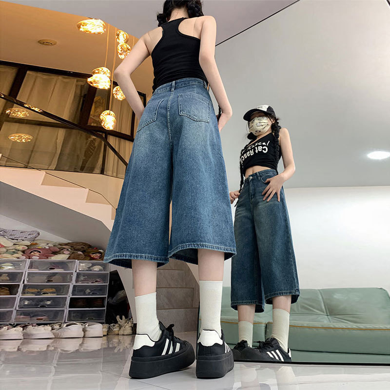 高腰阔腿七分牛仔短裤女夏季2025款美式大码宽松显瘦垂感直筒裤子