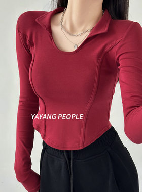 红色巨好看的长袖T恤女款2026秋季新款修身打底衫小众小个子上衣