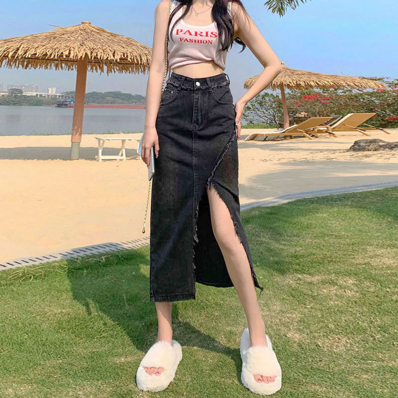 网红ins黑灰不规则开叉牛仔裙女款夏季半身毛边设计a字包臀中长裙
