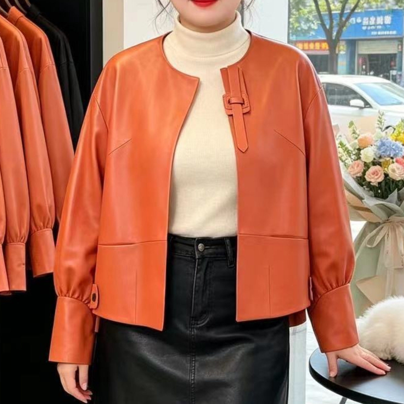 巨好看皮衣女款2026秋季复古圆领宽松廓形灯笼袖百搭休闲短款外套