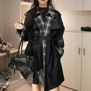 2026春秋新款纯色拼接显瘦风衣中长款时尚收腰气质皮衣外套女款