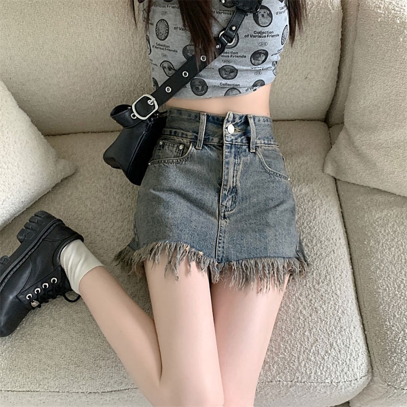 薄款古a字腰短裙女款2025夏季新款高腰显瘦毛边流苏包臀牛仔裙裤