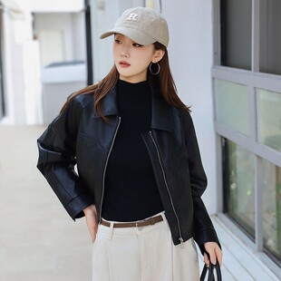 韩版修身水洗PU皮夹克女款202秋季新款绝美巨好看短款皮衣外套