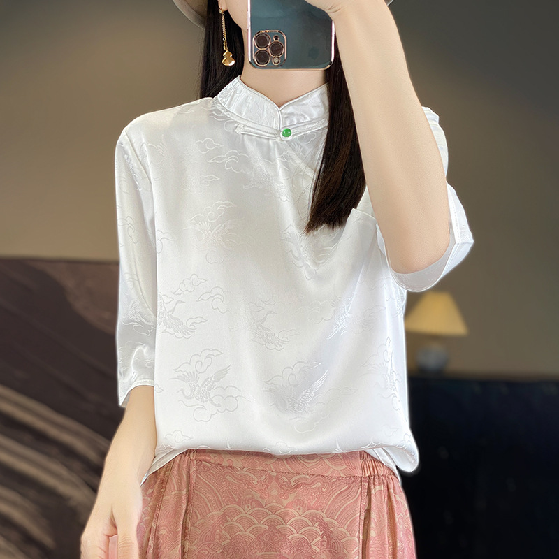 丝绸缎面上衣女短款2025夏季新款立领气质暗花大码五分袖短袖t恤