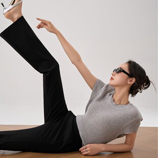 高腰锦棉针织微喇长裤子女款2025秋装新款立体质感弹力薄款休闲裤