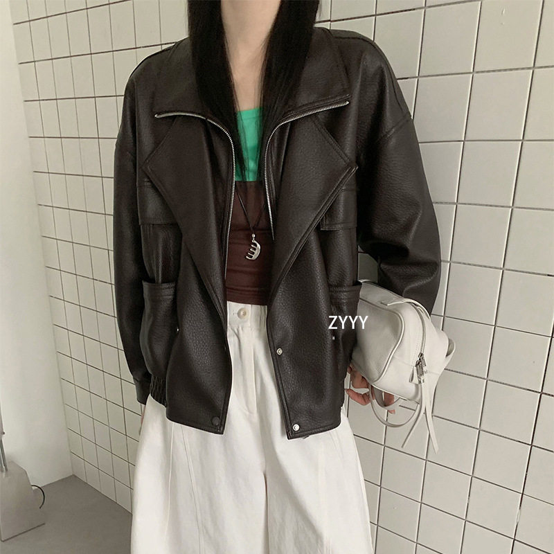 巨好看漂亮外套女款夏季薄款2026新款短款皮衣宽松翻领皮夹克